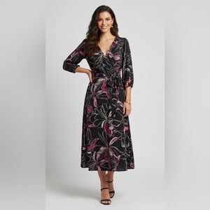 DKNY Black and Pink Floral Long Sleeve Dress Size 4